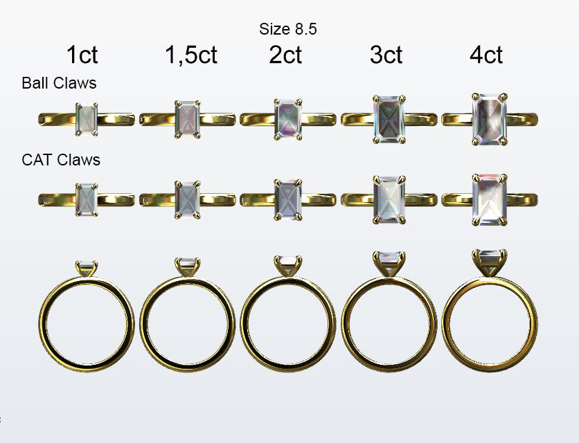 Display of 5 different size emerald cut diamonds on the chosen finger size. Depicting it in 2 different claw variables with added carat weight labels.