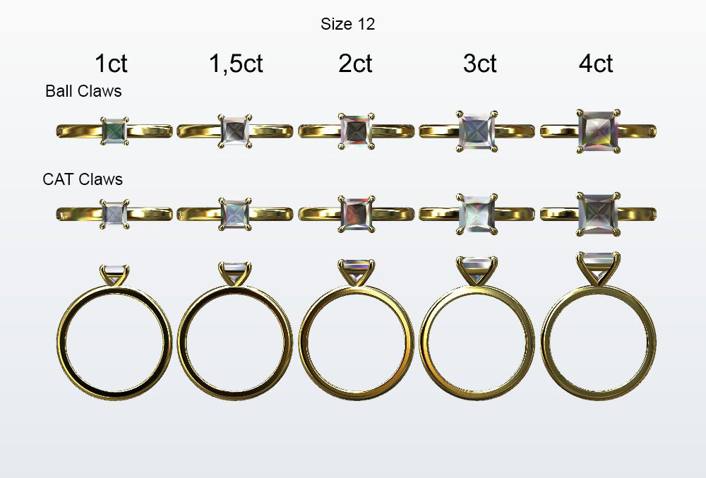 Display of 5 different size princess cut diamonds on the chosen finger size. Depicting it in 2 different claw variables with added carat weight labels.