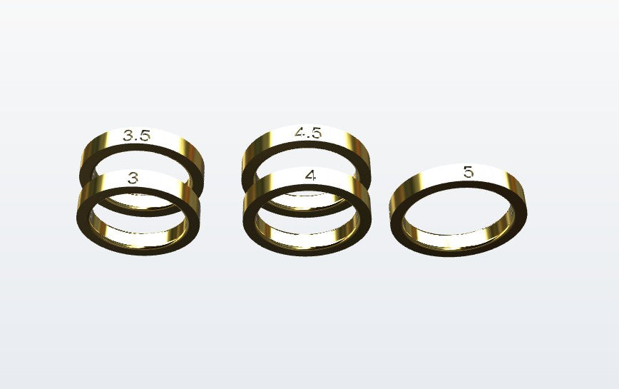 5 separate rings for size checking in size category extra small ranging from finger size 3.5 to size 5