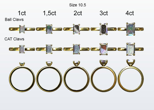 Display of 5 different size emerald cut diamonds on the chosen finger size. Depicting it in 2 different claw variables with added carat weight labels.