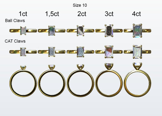 Display of 5 different size emerald cut diamonds on the chosen finger size. Depicting it in 2 different claw variables with added carat weight labels.