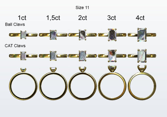 Display of 5 different size emerald cut diamonds on the chosen finger size. Depicting it in 2 different claw variables with added carat weight labels.