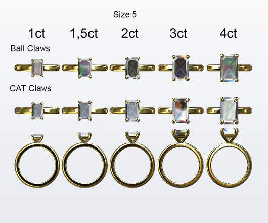 Display of 5 different size emerald cut diamonds on the chosen finger size. Depicting it in 2 different claw variables with added carat weight labels.