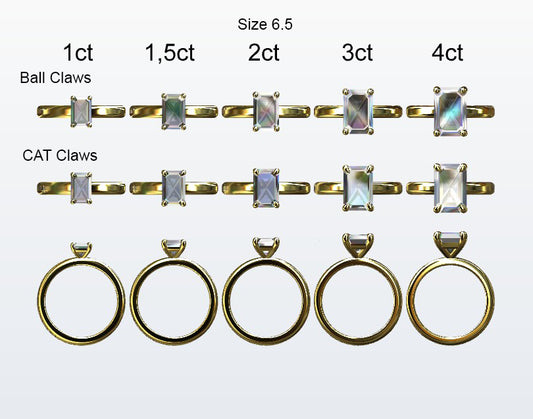 Display of 5 different size emerald cut diamonds on the chosen finger size. Depicting it in 2 different claw variables with added carat weight labels.