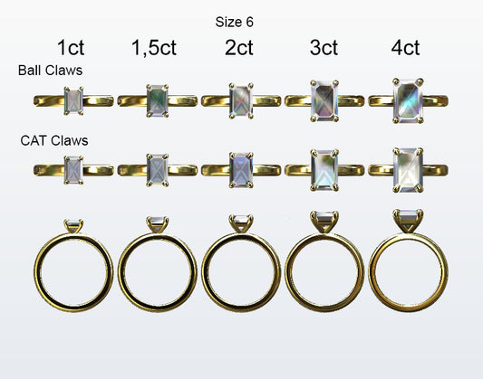Display of 5 different size emerald cut diamonds on the chosen finger size. Depicting it in 2 different claw variables with added carat weight labels.