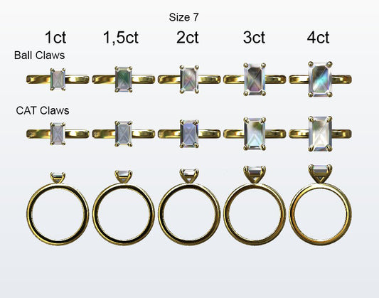 Display of 5 different size emerald cut diamonds on the chosen finger size. Depicting it in 2 different claw variables with added carat weight labels.