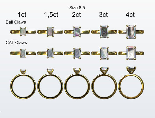 Display of 5 different size emerald cut diamonds on the chosen finger size. Depicting it in 2 different claw variables with added carat weight labels.