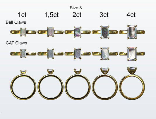 Display of 5 different size emerald cut diamonds on the chosen finger size. Depicting it in 2 different claw variables with added carat weight labels.