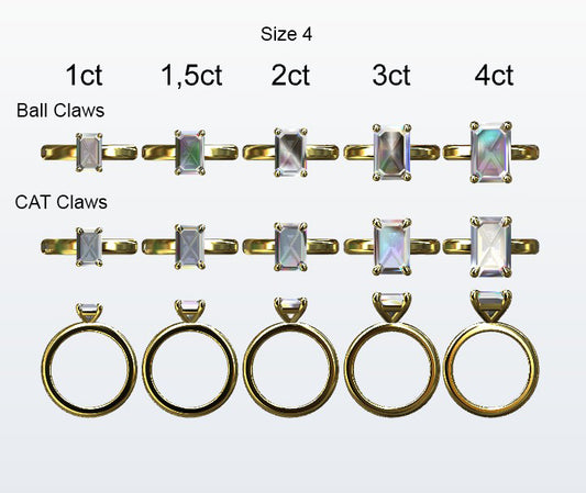 Display of 5 different size emerald cut diamonds on the chosen finger size. Depicting it in 2 different claw variables with added carat weight labels.