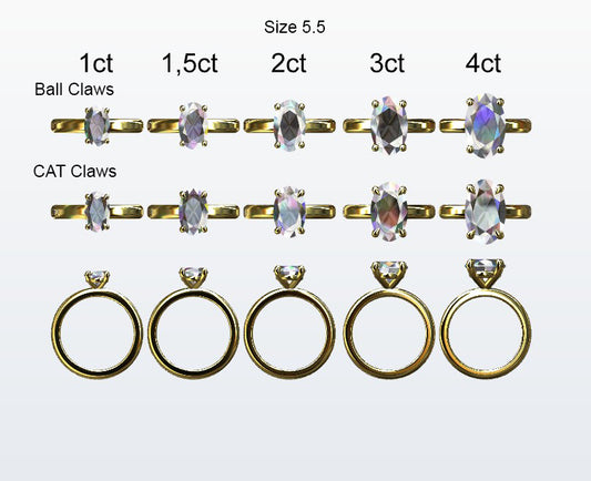 Display of 5 different size oval shaped diamonds on the chosen finger size. Depicting it in 2 different claw variables with added carat weight labels.