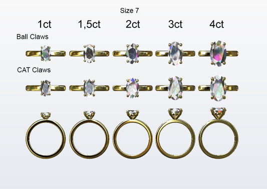 Display of 5 different size oval shaped diamonds on the chosen finger size. Depicting it in 2 different claw variables with added carat weight labels.