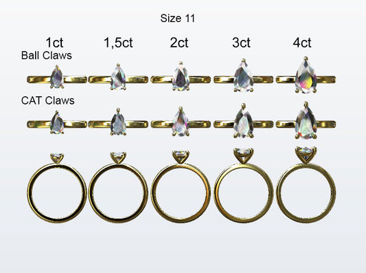 Display of 5 different size pear shape diamonds on the chosen finger size. Depicting it in 2 different claw variables with added carat weight labels.