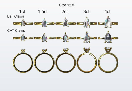 Display of 5 different size pear shape diamonds on the chosen finger size. Depicting it in 2 different claw variables with added carat weight labels.