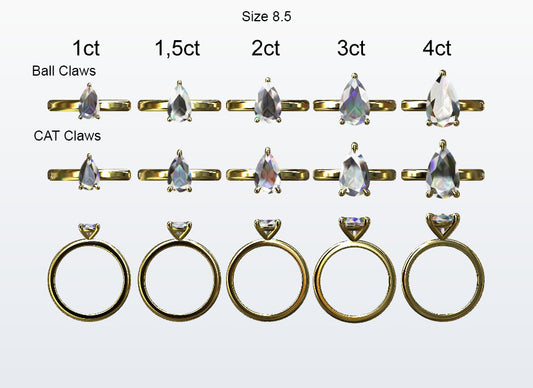 Display of 5 different size pear shape diamonds on the chosen finger size. Depicting it in 2 different claw variables with added carat weight labels.
