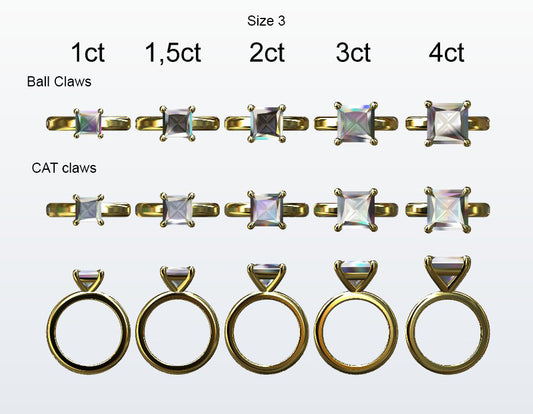Display of 5 different size princess cut diamonds on the chosen finger size. Depicting it in 2 different claw variables with added carat weight labels.