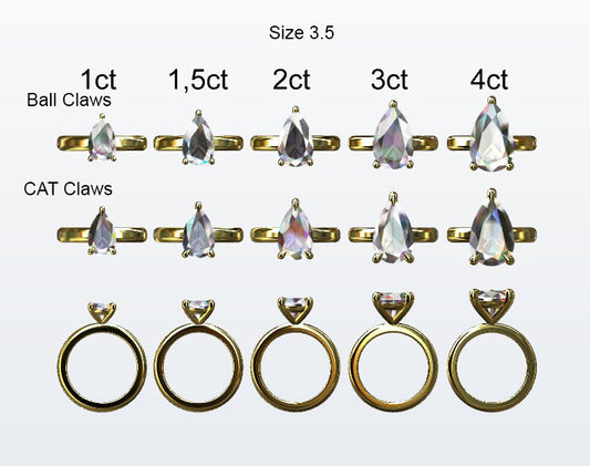 Display of 5 different size pear shape diamonds on the chosen finger size. Depicting it in 2 different claw variables with added carat weight labels.