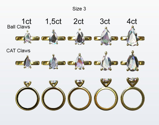 Display of 5 different size pear shape diamonds on the chosen finger size. Depicting it in 2 different claw variables with added carat weight labels.