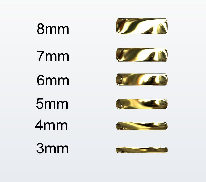 Set of gold D-shaped rings of different widths with labeled sizes on a white background