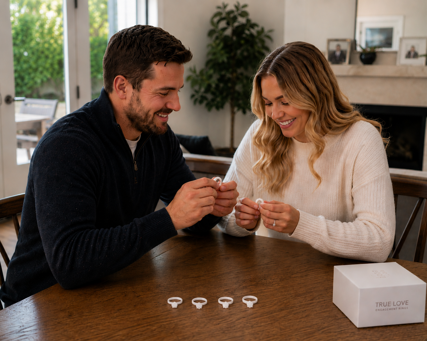 a Man and a woman sitting at a table looking at a variety of white 3D printed rings