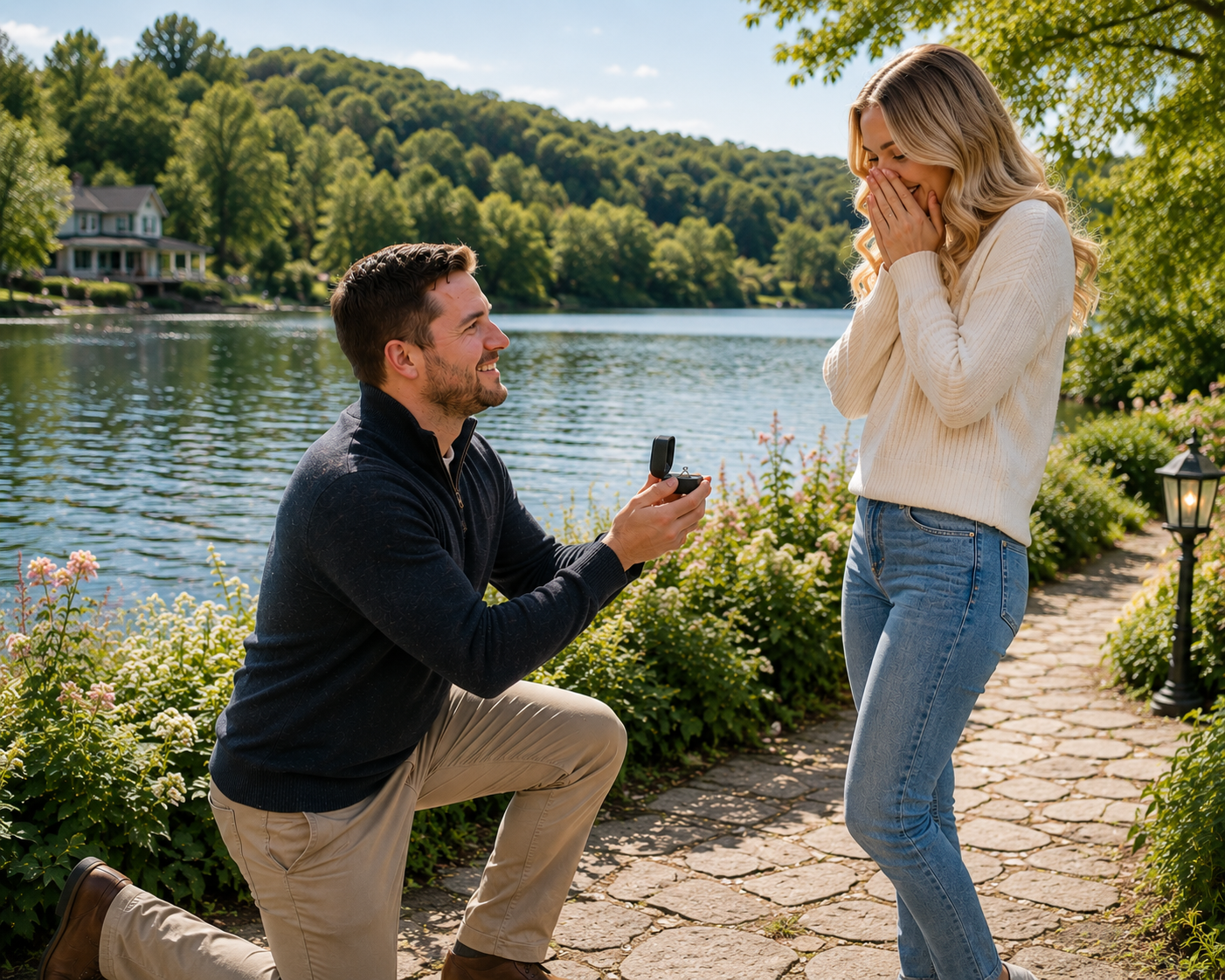 a Man proposing to a woman by the lake