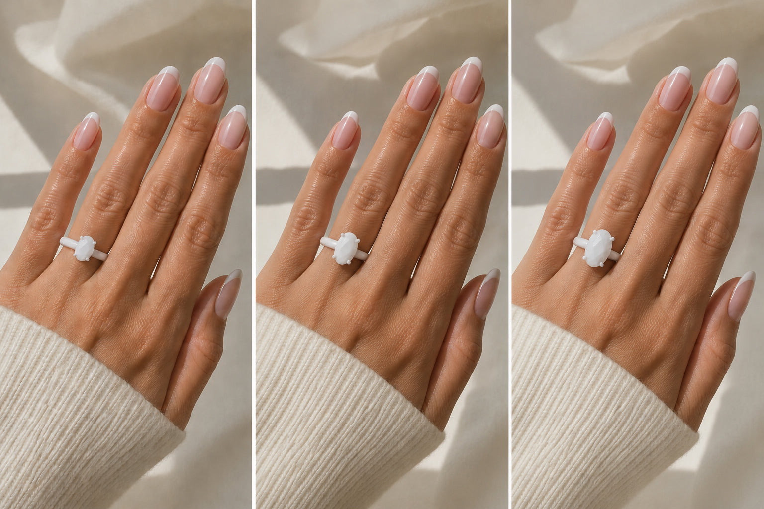 Load video: Video of 3 hands of the same hands with varying size stones of 3D printed on each handrings.