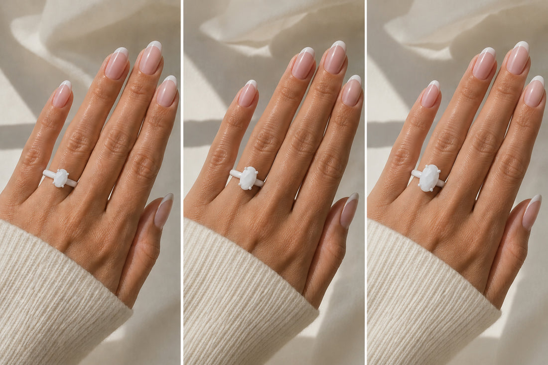 Video of 3 hands of the same hands with varying size stones of 3D printed on each handrings.